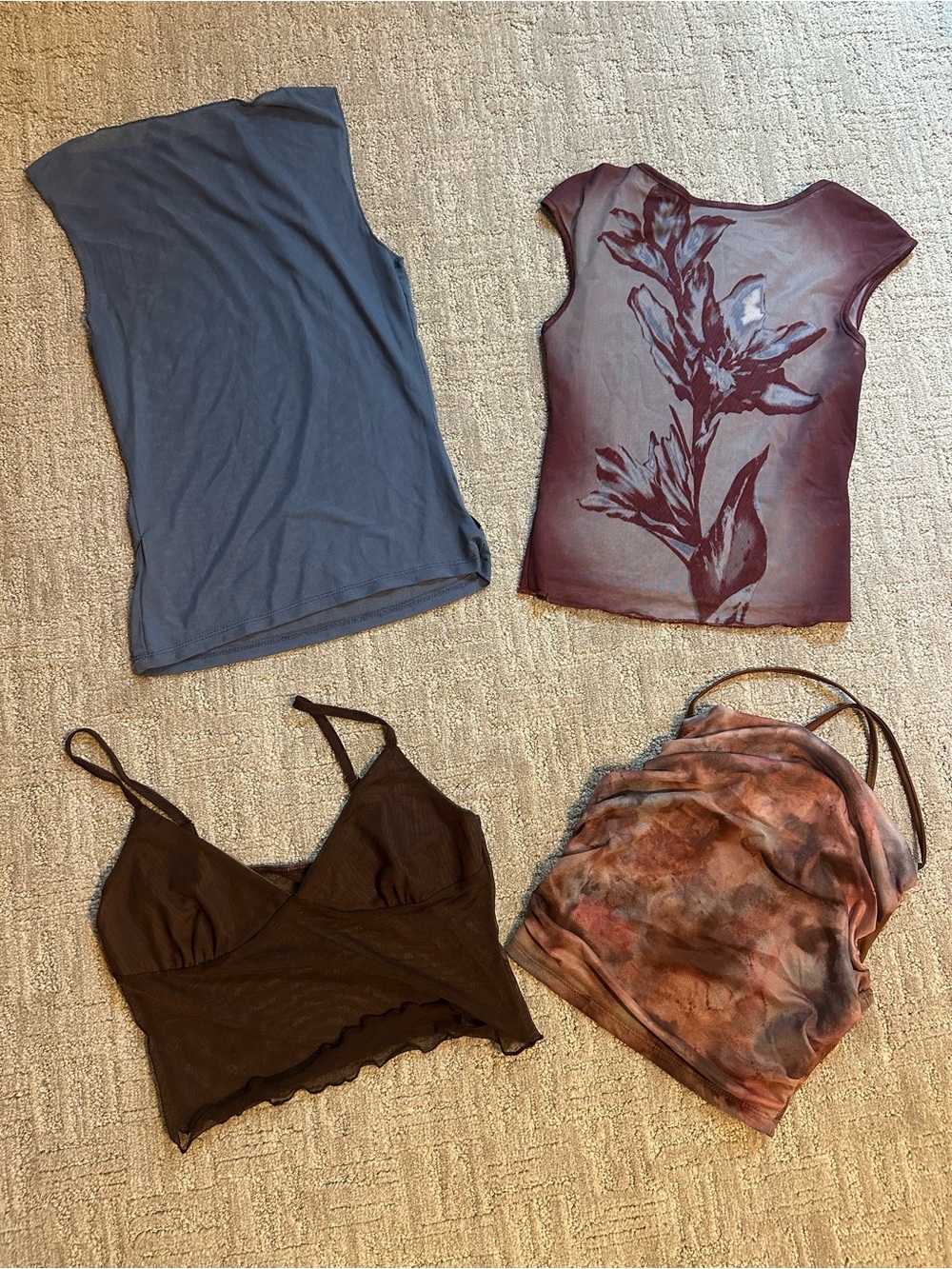 Amazon Women's Plum Floral Mesh Tank Top with Blue and Brown Tops